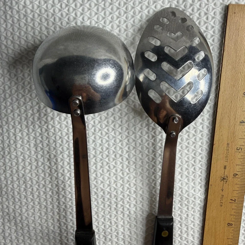 Vintage Stainless USA Kitchen Utensil Set Ladles Slotted Spoons Brown Black Wood